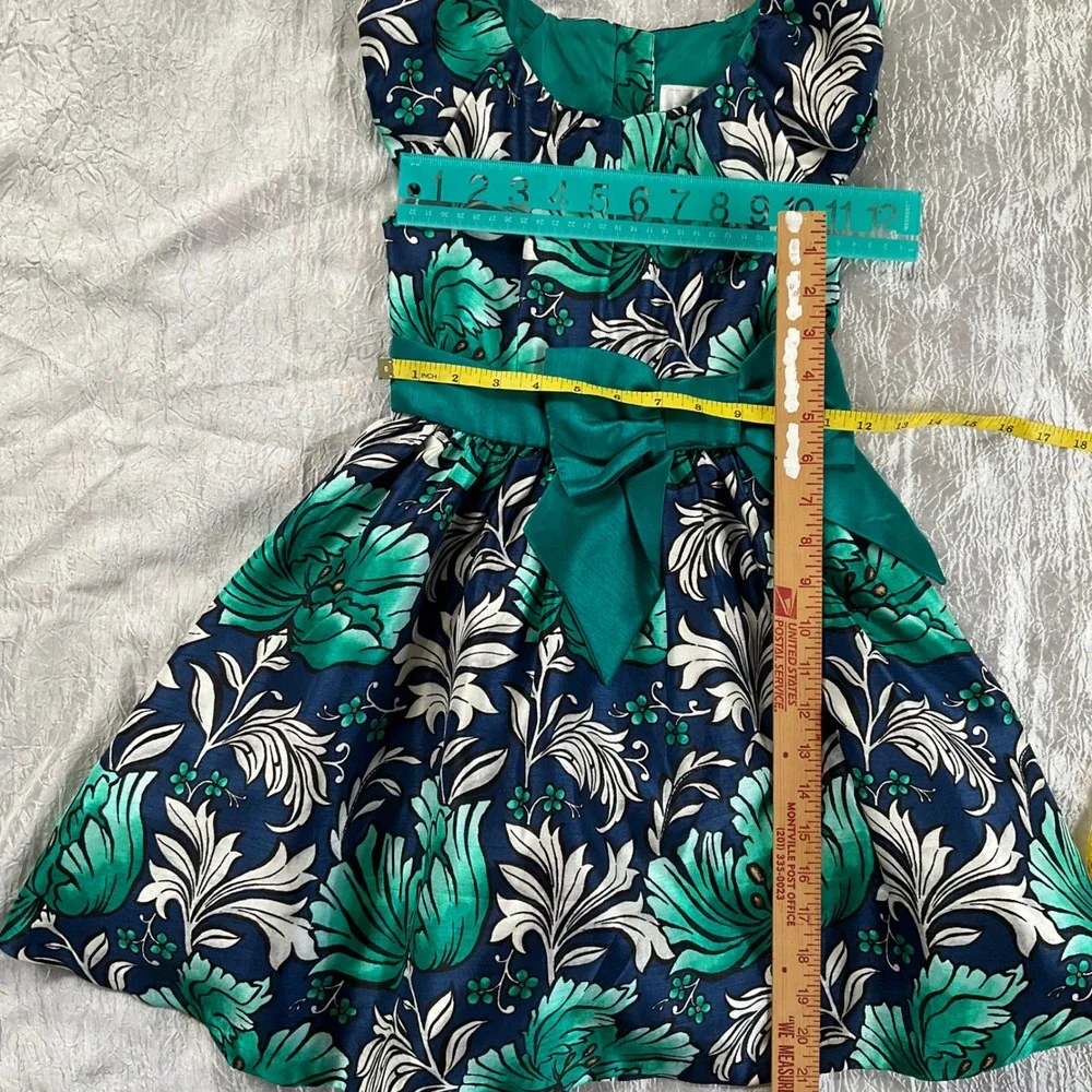 Gymboree‎ Dressed Up Girls Teal Navy Floral Glitter Party Dress Bow Size 6 Fancy